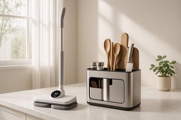 A modern, bright, and minimalist lifestyle photo of a beautifully organized home space. Show a few sleek, innovative home gadgets (like a smart mop or a stainless steel organizer) placed naturally on a clean kitchen counter or shelf. The style is warm, inviting, and aspirational, with soft natural light and a neutral color palette. The overall feeling is calm, efficient, and modern.”